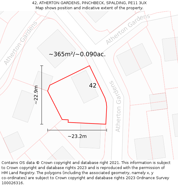 42, ATHERTON GARDENS, PINCHBECK, SPALDING, PE11 3UX: Plot and title map