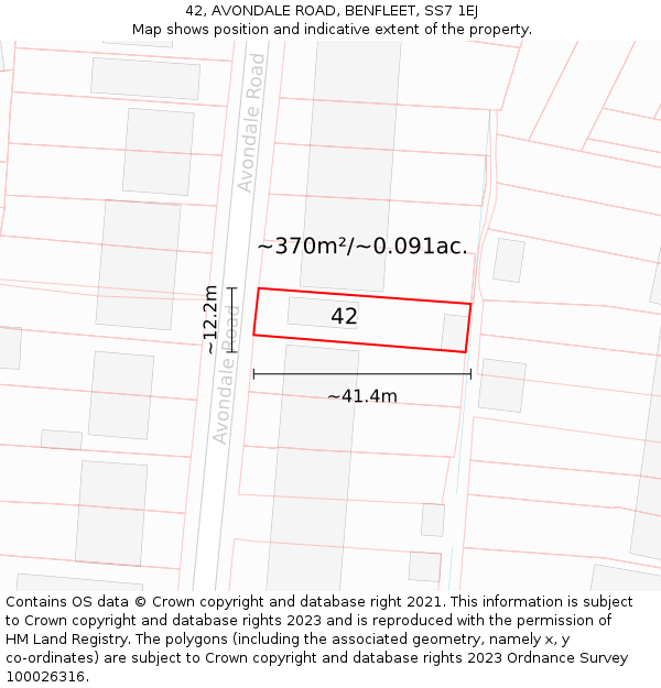 42, AVONDALE ROAD, BENFLEET, SS7 1EJ: Plot and title map