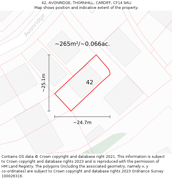 42, AVONRIDGE, THORNHILL, CARDIFF, CF14 9AU: Plot and title map