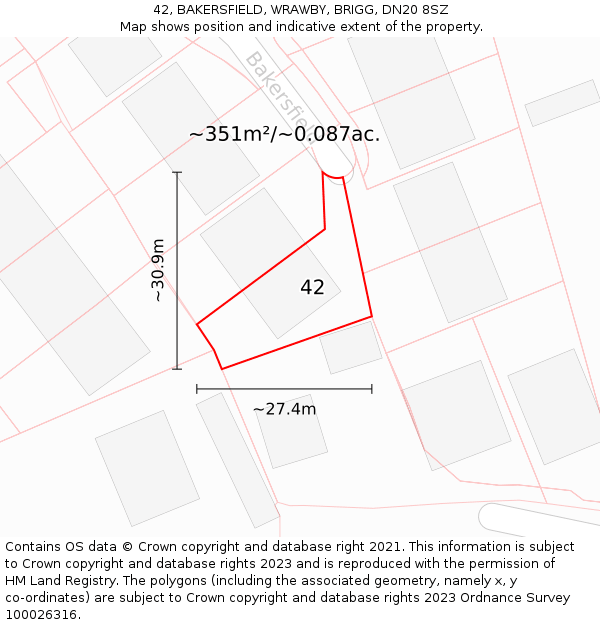 42, BAKERSFIELD, WRAWBY, BRIGG, DN20 8SZ: Plot and title map