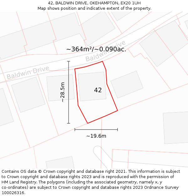 42, BALDWIN DRIVE, OKEHAMPTON, EX20 1UH: Plot and title map