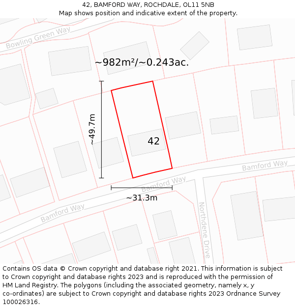 42, BAMFORD WAY, ROCHDALE, OL11 5NB: Plot and title map