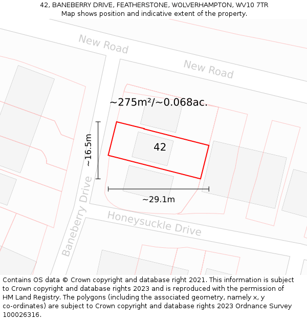 42, BANEBERRY DRIVE, FEATHERSTONE, WOLVERHAMPTON, WV10 7TR: Plot and title map