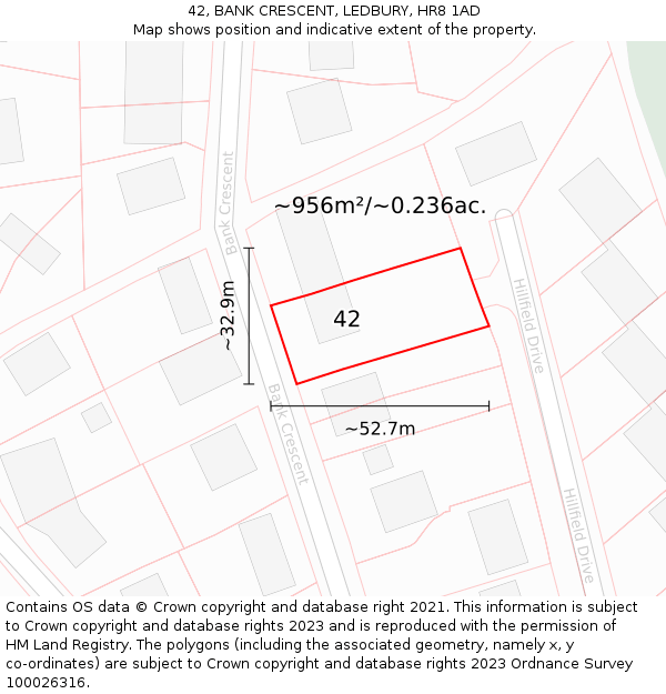 42, BANK CRESCENT, LEDBURY, HR8 1AD: Plot and title map