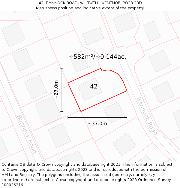 42, BANNOCK ROAD, WHITWELL, VENTNOR, PO38 2RD: Plot and title map