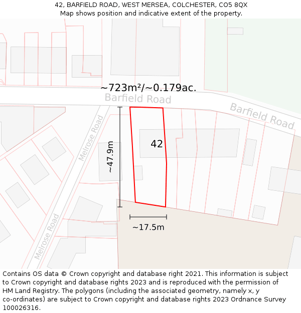 42, BARFIELD ROAD, WEST MERSEA, COLCHESTER, CO5 8QX: Plot and title map
