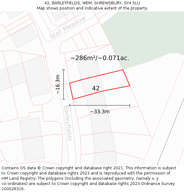 42, BARLEYFIELDS, WEM, SHREWSBURY, SY4 5LU: Plot and title map