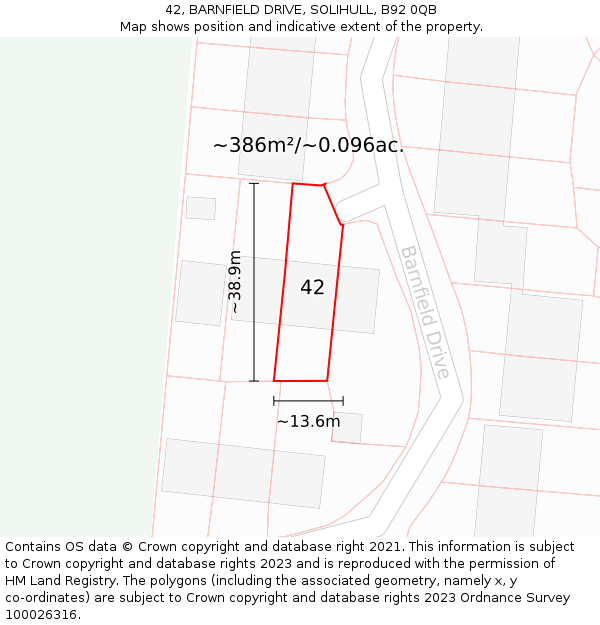 42, BARNFIELD DRIVE, SOLIHULL, B92 0QB: Plot and title map