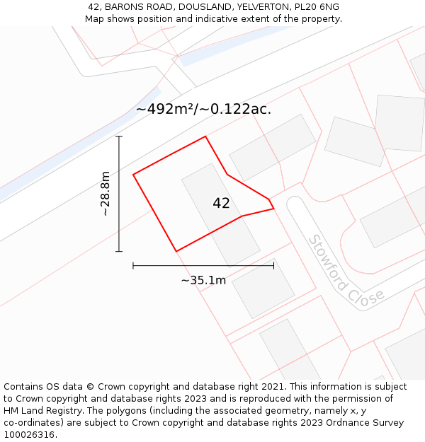 42, BARONS ROAD, DOUSLAND, YELVERTON, PL20 6NG: Plot and title map