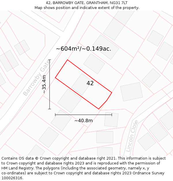 42, BARROWBY GATE, GRANTHAM, NG31 7LT: Plot and title map