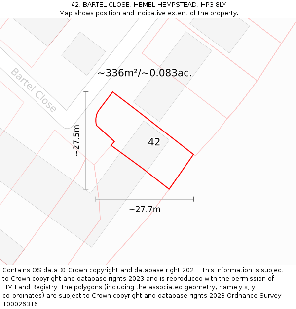 42, BARTEL CLOSE, HEMEL HEMPSTEAD, HP3 8LY: Plot and title map