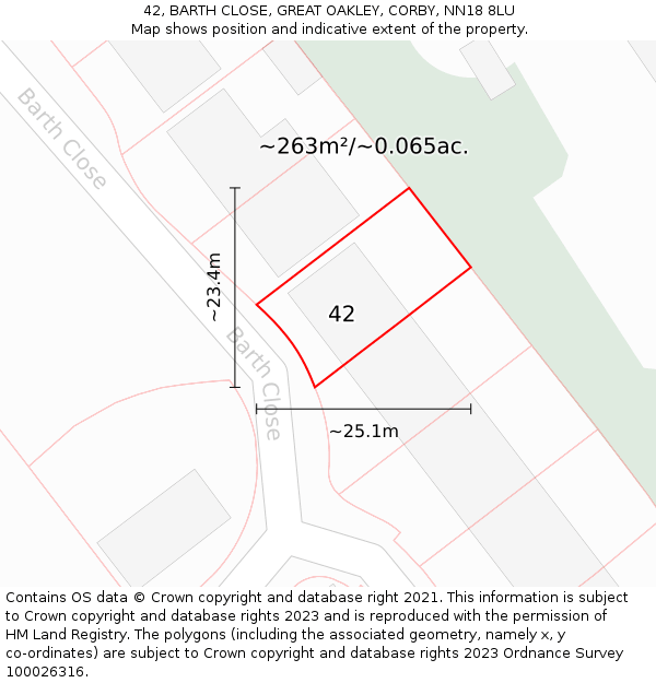 42, BARTH CLOSE, GREAT OAKLEY, CORBY, NN18 8LU: Plot and title map