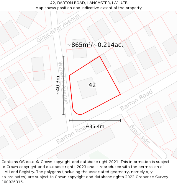 42, BARTON ROAD, LANCASTER, LA1 4ER: Plot and title map