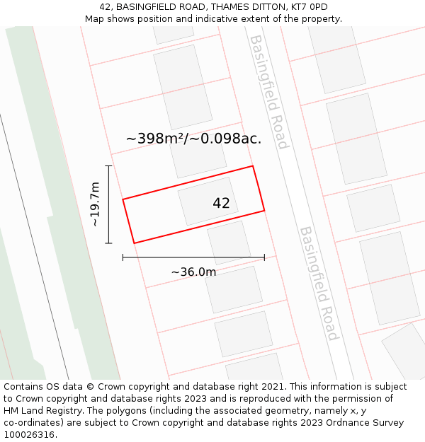 42, BASINGFIELD ROAD, THAMES DITTON, KT7 0PD: Plot and title map