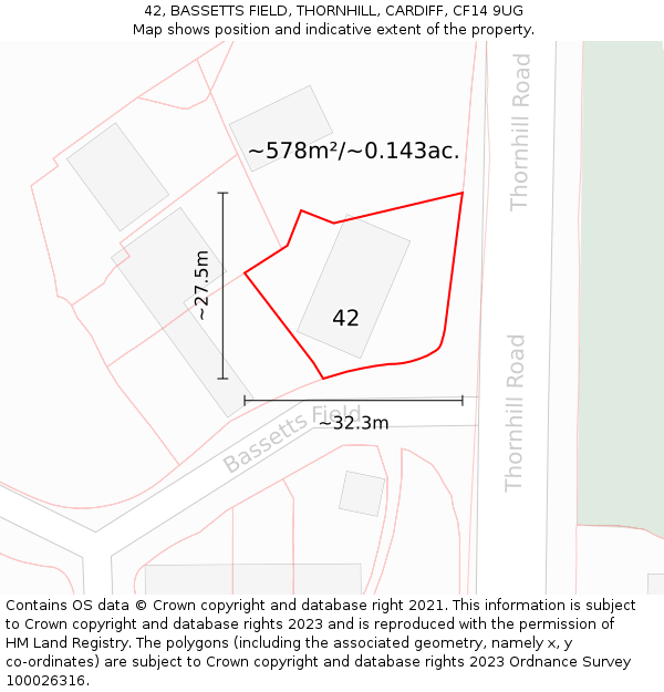 42, BASSETTS FIELD, THORNHILL, CARDIFF, CF14 9UG: Plot and title map