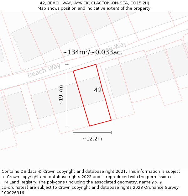 42, BEACH WAY, JAYWICK, CLACTON-ON-SEA, CO15 2HJ: Plot and title map