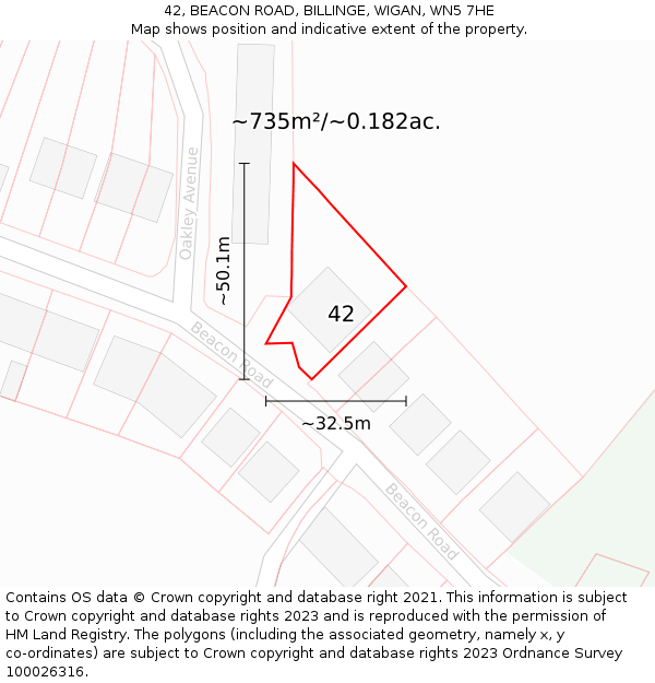 42, BEACON ROAD, BILLINGE, WIGAN, WN5 7HE: Plot and title map
