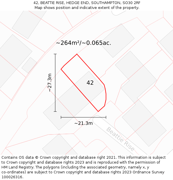 42, BEATTIE RISE, HEDGE END, SOUTHAMPTON, SO30 2RF: Plot and title map