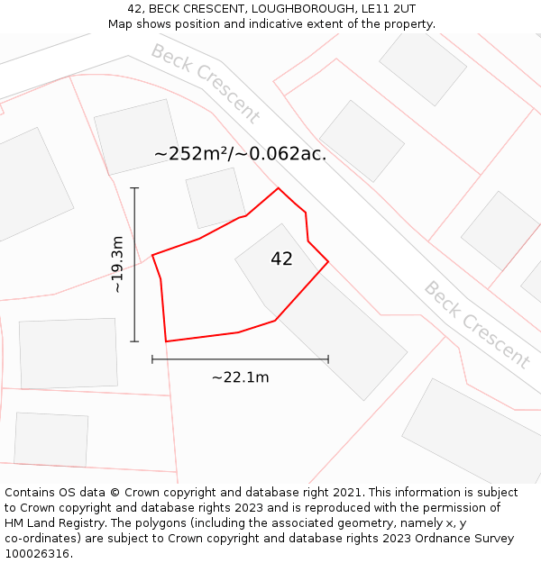 42, BECK CRESCENT, LOUGHBOROUGH, LE11 2UT: Plot and title map