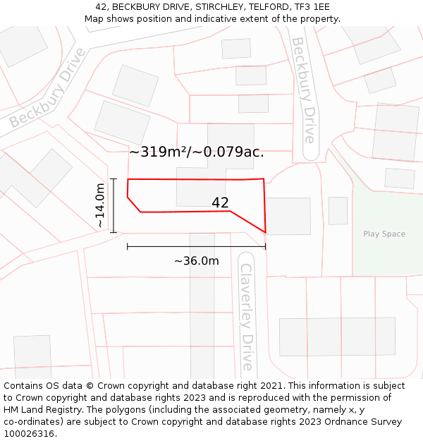 42, BECKBURY DRIVE, STIRCHLEY, TELFORD, TF3 1EE: Plot and title map