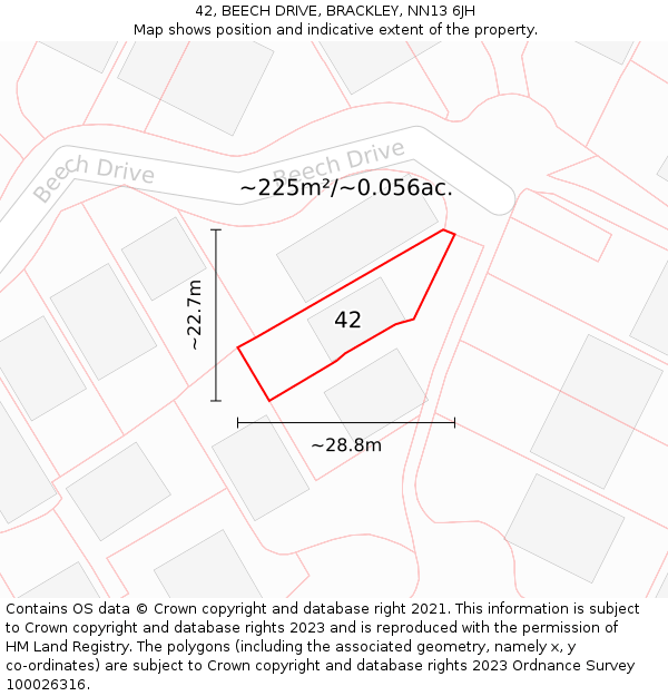 42, BEECH DRIVE, BRACKLEY, NN13 6JH: Plot and title map