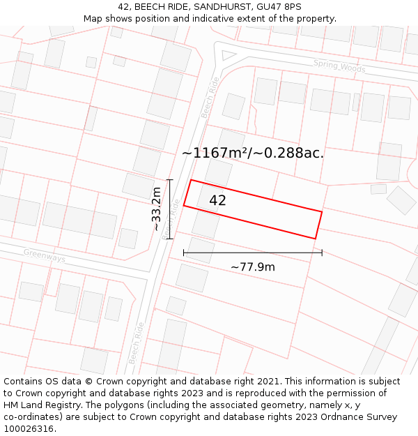 42, BEECH RIDE, SANDHURST, GU47 8PS: Plot and title map