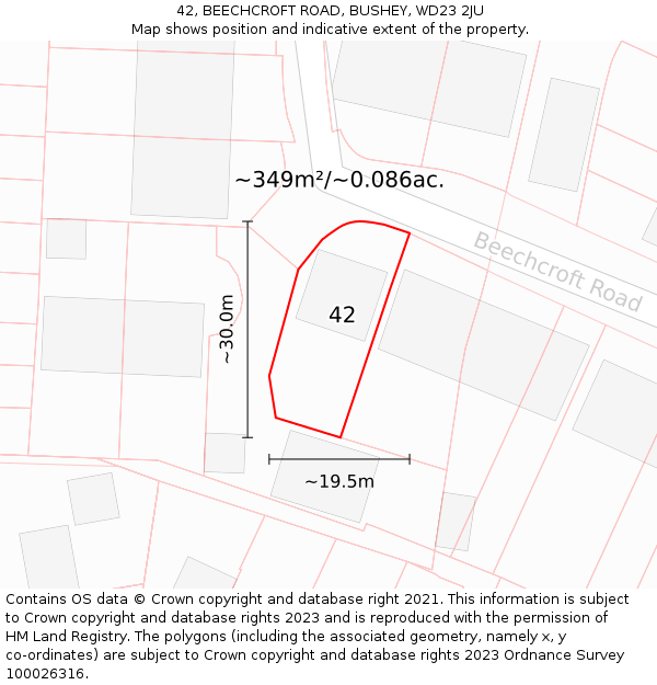 42, BEECHCROFT ROAD, BUSHEY, WD23 2JU: Plot and title map