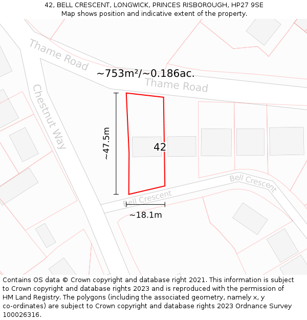 42, BELL CRESCENT, LONGWICK, PRINCES RISBOROUGH, HP27 9SE: Plot and title map