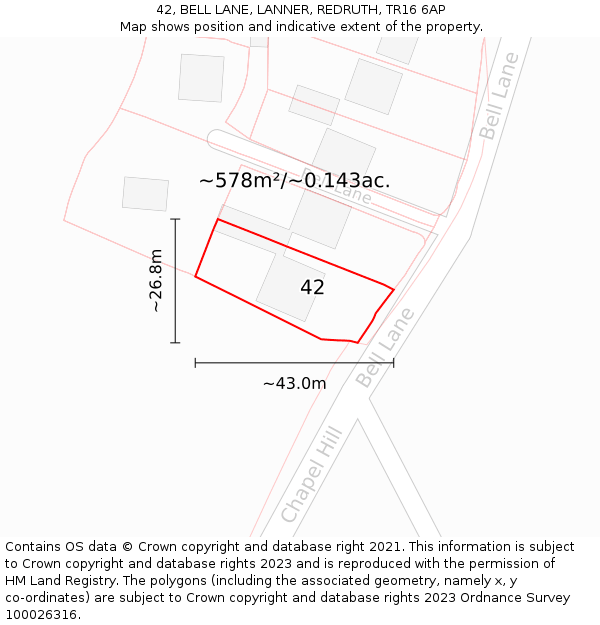 42, BELL LANE, LANNER, REDRUTH, TR16 6AP: Plot and title map