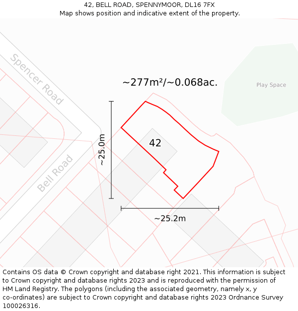 42, BELL ROAD, SPENNYMOOR, DL16 7FX: Plot and title map
