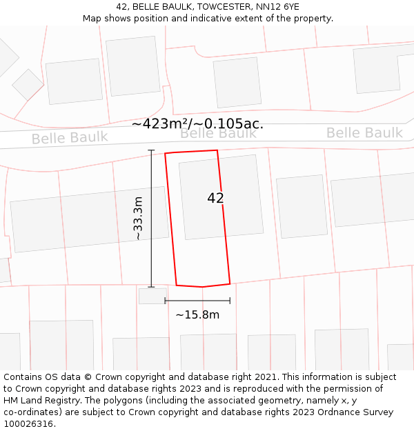 42, BELLE BAULK, TOWCESTER, NN12 6YE: Plot and title map