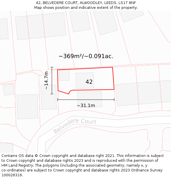 42, BELVEDERE COURT, ALWOODLEY, LEEDS, LS17 8NF: Plot and title map