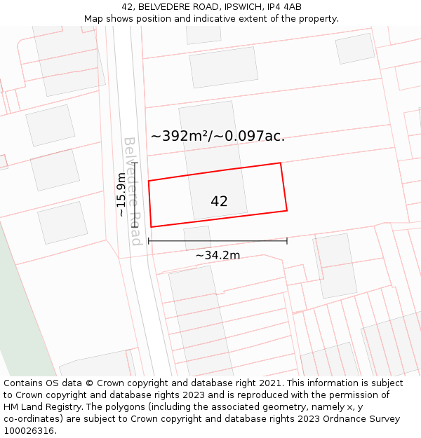 42, BELVEDERE ROAD, IPSWICH, IP4 4AB: Plot and title map