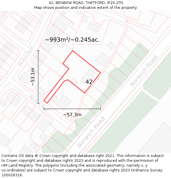 42, BENBOW ROAD, THETFORD, IP24 2TN: Plot and title map
