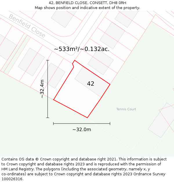 42, BENFIELD CLOSE, CONSETT, DH8 0RH: Plot and title map