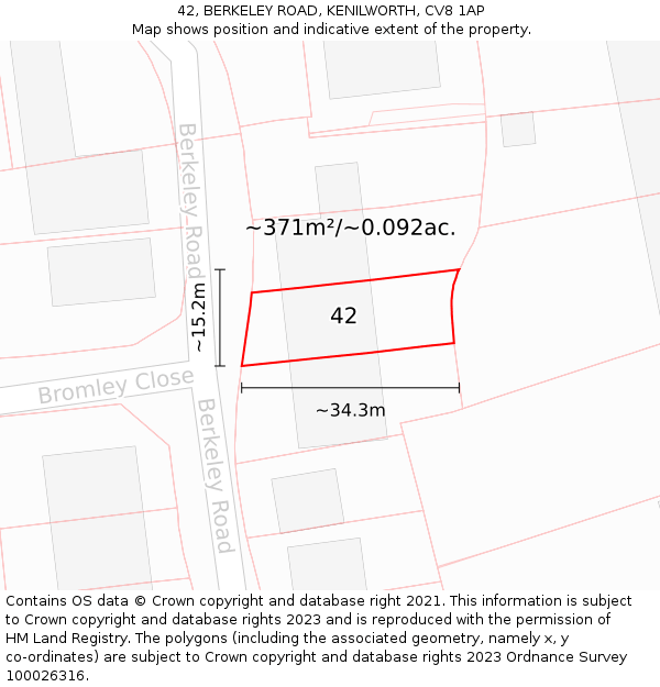 42, BERKELEY ROAD, KENILWORTH, CV8 1AP: Plot and title map