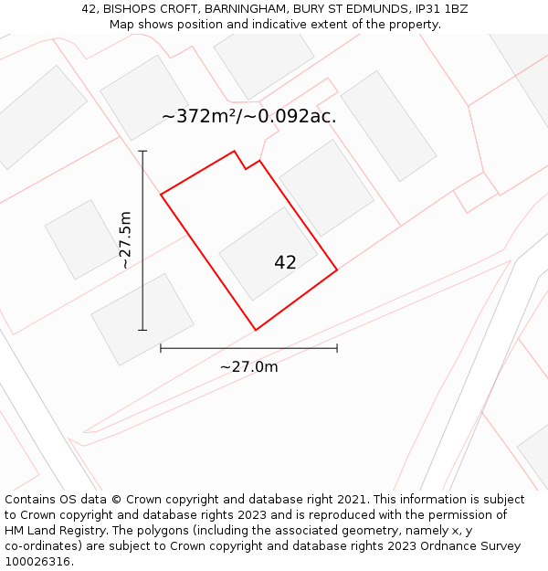 42, BISHOPS CROFT, BARNINGHAM, BURY ST EDMUNDS, IP31 1BZ: Plot and title map