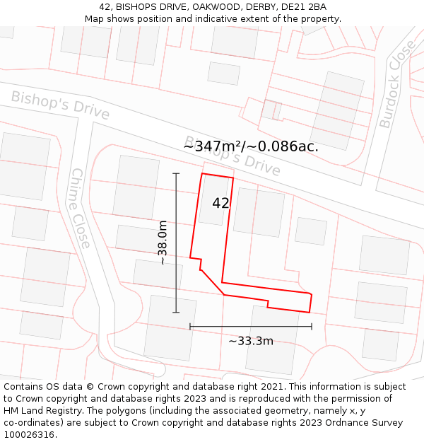 42, BISHOPS DRIVE, OAKWOOD, DERBY, DE21 2BA: Plot and title map
