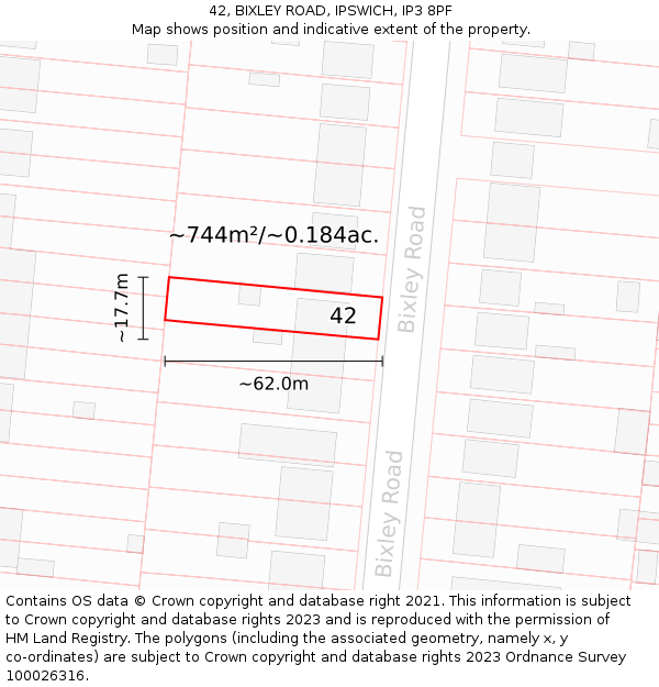 42, BIXLEY ROAD, IPSWICH, IP3 8PF: Plot and title map
