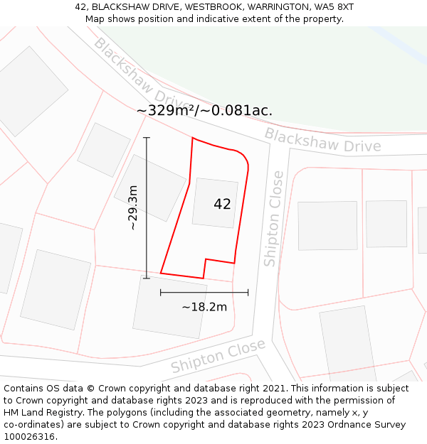 42, BLACKSHAW DRIVE, WESTBROOK, WARRINGTON, WA5 8XT: Plot and title map