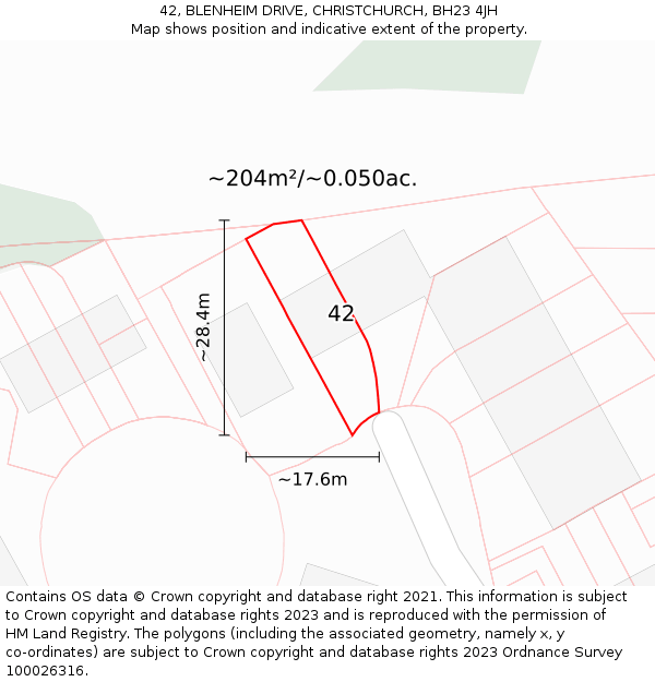 42, BLENHEIM DRIVE, CHRISTCHURCH, BH23 4JH: Plot and title map