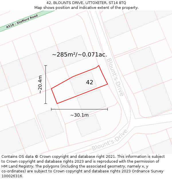 42, BLOUNTS DRIVE, UTTOXETER, ST14 8TQ: Plot and title map