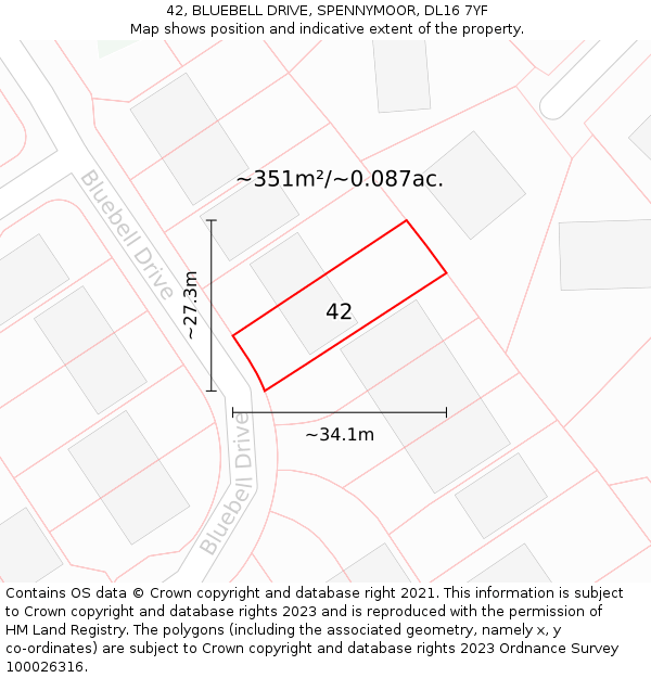 42, BLUEBELL DRIVE, SPENNYMOOR, DL16 7YF: Plot and title map