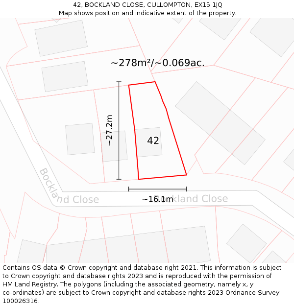 42, BOCKLAND CLOSE, CULLOMPTON, EX15 1JQ: Plot and title map