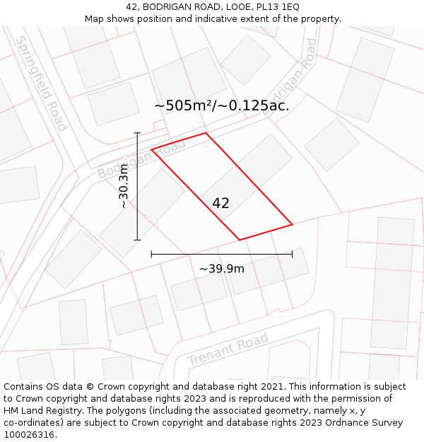 42, BODRIGAN ROAD, LOOE, PL13 1EQ: Plot and title map