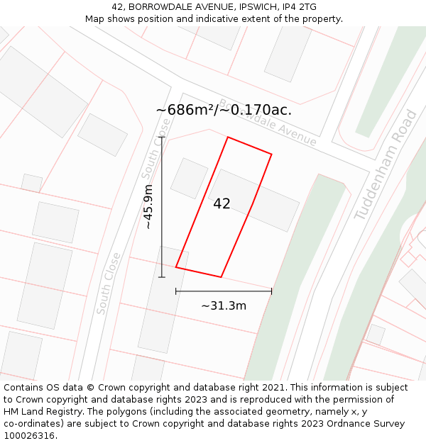 42, BORROWDALE AVENUE, IPSWICH, IP4 2TG: Plot and title map