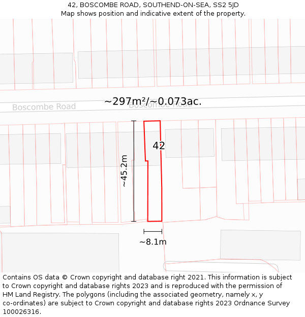 42, BOSCOMBE ROAD, SOUTHEND-ON-SEA, SS2 5JD: Plot and title map