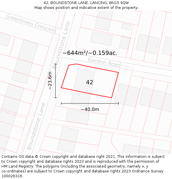 42, BOUNDSTONE LANE, LANCING, BN15 9QW: Plot and title map