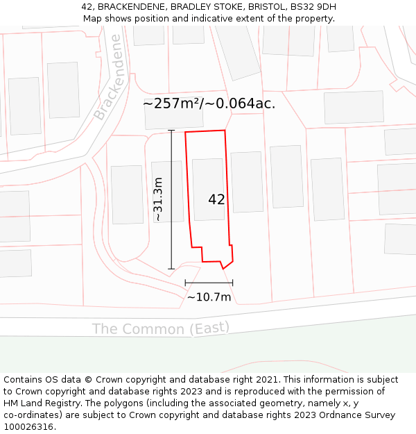 42, BRACKENDENE, BRADLEY STOKE, BRISTOL, BS32 9DH: Plot and title map