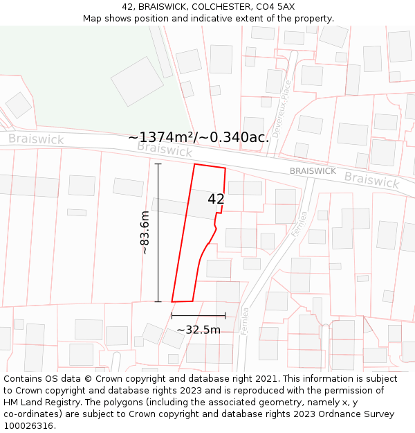 42, BRAISWICK, COLCHESTER, CO4 5AX: Plot and title map